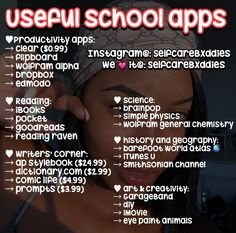 a poster with the words useful school apps on it's front page and an image of a woman brushing her hair