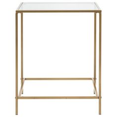 a gold metal and glass side table with a white top on an isolated white background