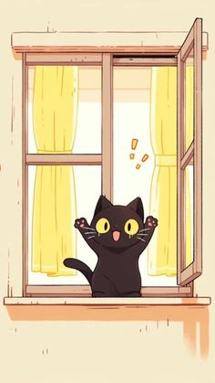 a black cat sitting on top of a window sill next to a yellow curtain