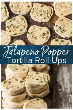 there are several different types of food on the table and in front of it is an advertisement for jalapeno popper tortilla rolls