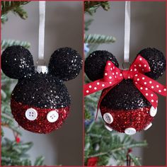 two pictures of mickey mouse ornament hanging from a christmas tree