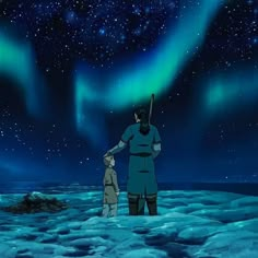 a man standing next to a child in the snow under an aurora borel sky