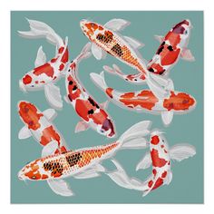 a group of koi fish swimming on top of a blue tile wall mounted art piece