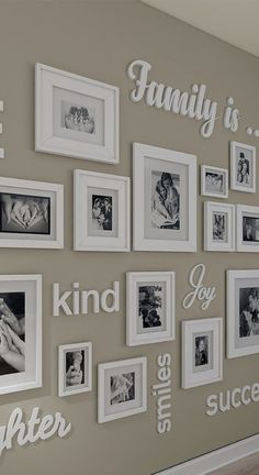 a wall with many pictures on it and the words family is written in white letters