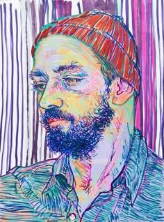 a drawing of a man with a beard wearing a red beanie and looking off to the side