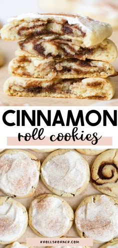 cinnamon roll cookies stacked on top of each other with the words cinnamon roll cookies above them