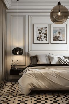 a bedroom with black and white checkered flooring, two pictures on the wall