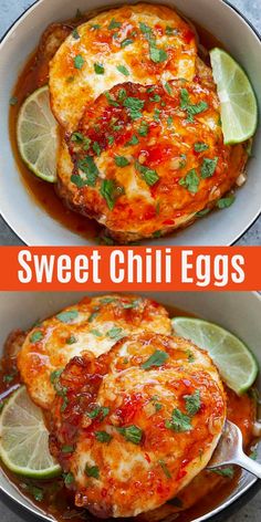 two images showing how to make sweet chili eggs with limes and cilantro