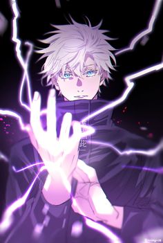 an anime character holding his hand up in the air with lightning coming from behind him