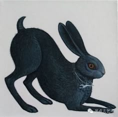 a painting of a black rabbit sitting on its hind legs