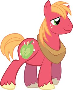 a pink pony with blonde hair wearing a scarf and green apple on it's back