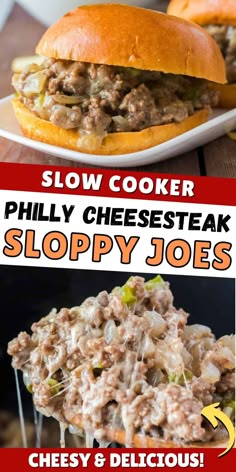 the menu for sloppy joes is shown with an image of a pulled cheese steak sandwich