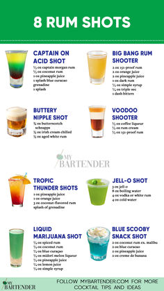 Rum Shots Fun Bar Shots, Mixed Drink Shots, Drinks Alcohol Recipes Whiskey, Rum Mixed Drinks Recipes, Shots Alcohol Recipes Easy, Malibu Rum Shots Recipes, Drinks Alcohol Recipes Rum, Rum Shots Recipes