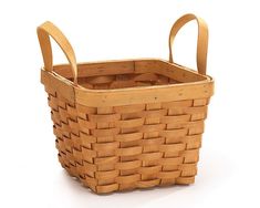 a wooden basket with handles is shown on a white background