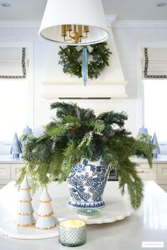 a blue and white potted plant sitting on top of a table in a kitchen