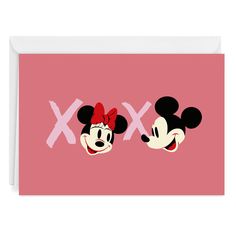 two mickey and minnie mouse greeting cards with pink background