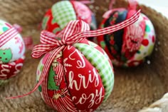 three christmas ornaments with the words how to make kimikomi ornaments on them