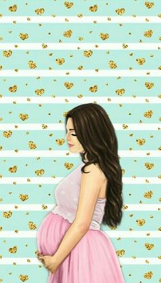 a painting of a pregnant woman in a pink dress with gold flakes on the background