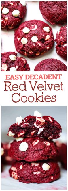 red velvet cookies stacked on top of each other with white chocolate chips in the middle