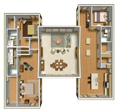 an overhead view of a two bedroom apartment with living room and dining area in the floor plan