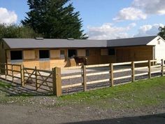 there is a horse that is standing in the fenced in area next to the barn