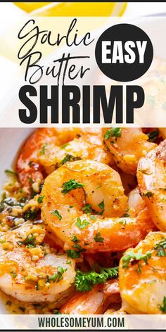 garlic butter shrimp recipe in a white bowl