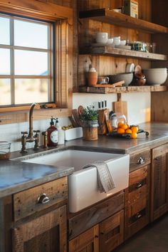 a kitchen with wooden cabinets and counter tops next to a window that has open shelving above the sink