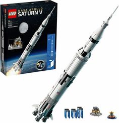 the lego saturn v rocket is in its box and it's ready to launch