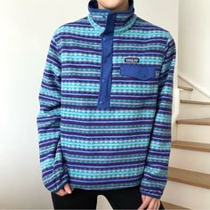 Patagonia Reversible Snap-T Glissade Pullover Sweatshirt Jacket No Size Tag, Fits Like A Small Color Is A Blue And Purple Aztec Or Southwest Geometric Pattern On One Side And Solid On The Other Reversible! Has Snap Buttons On One Side And Zipper On The Other Pockets On One Side Style 25290 Excellent Condition Offers Always Welcome This Patagonia Glissade Geometric Reversible Aztec Southwest Fleece Print Jacket Pullover Sweatshirt Is So Cute And Unique! Blue Patagonia Winter Outerwear, Blue Patagonia Pullover, Patagonia Blue Winter Outerwear, Teal Patagonia Pullover, Patagonia 1/4 Zip, Moon Blue, Patagonia Jackets, Patagonia Jacket, Patagonia Womens