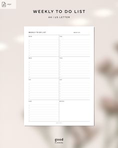 the weekly to do list is shown on a white background with pink flowers in the foreground