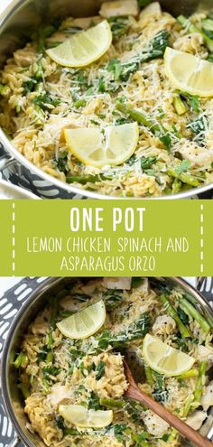 one pot lemon chicken spinach and asparagus orzo recipe in a pan