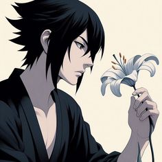 an anime character holding a flower in his hand