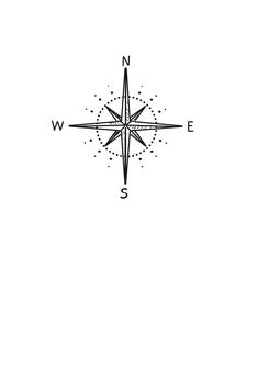 a black and white drawing of a compass on a white background with the letter w in it's center