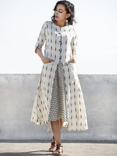 Ivory Grey Front Open Hand Woven Ikat Cotton Dress With Pockets - D197F812 Ikat Kurta Designs, Ikat Tops, Front Open Kurti Designs, Fusion Outfits, Feeding Tops, Jacket Dresses, Frocks And Gowns, Indian Kurti Designs