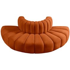 an orange chair with curved back and arms on white background, viewed from the side