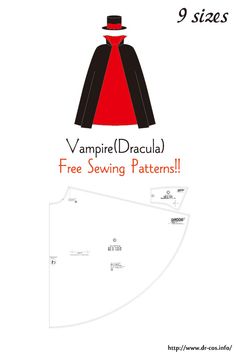 the vampire dracula sewing pattern is shown in red, black and white with text that reads free