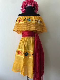 Beautiful Mexican floral dress that is lightweight perfect for hot weather.  ONE SIZE: fits SM - L REBOSO NOT INCLUDED, SOLD SEPARATELY Traditional Mexican Skirt, Yellow Mexican Dress, Traditional Guatemalan Dress, Michoacan Dress, Mexican Inspired Clothing, Mexican High Fashion, Yellow Beach Dress With Floral Embroidery, Yellow Embroidered Summer Beach Dress, Traditional Mexican Dress For Women