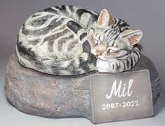 a statue of a cat sleeping on top of a plaque that reads mill 2007 - 2012