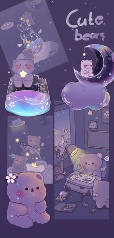 three different pictures of teddy bears in the night sky