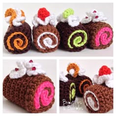 crocheted food items are shown in three different pictures, one is brown and the other is pink