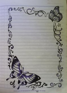 an open notebook with a drawing of two butterflies on the page and lined paper underneath