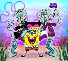 spongebob and his friends are standing in the sand with their arms around each other