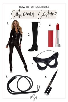 a woman in black catsuit costume with accessories