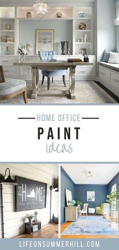 the home office is painted in blue and white with text overlay that reads, home office paint ideas