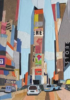 a collage of cars driving down a street next to tall buildings with torn paper on them