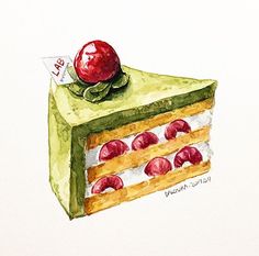 a painting of a piece of cake with cherries on top