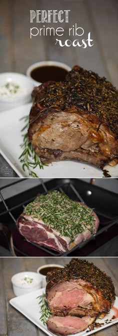 four different pictures of meat on plates with sauces and seasonings in them, including steak