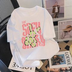 Olivia Mark - Cartoon Printed Loose Fit Short Sleeve T-shirt with Stylish Design Round Neck Top Gallery Wall Nursery, Round Neck Top, Girls Tees, Round Neck Tops, Cartoon Print, Clothing Patterns, Stylish Design, Workout Shorts, Round Neck