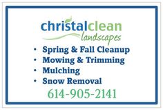 the business card for crystalclen landscapes, landscaping and lawn care services in spring and fall cleanup