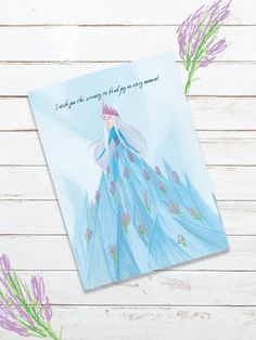 a greeting card with an image of a princess in a blue dress and purple flowers